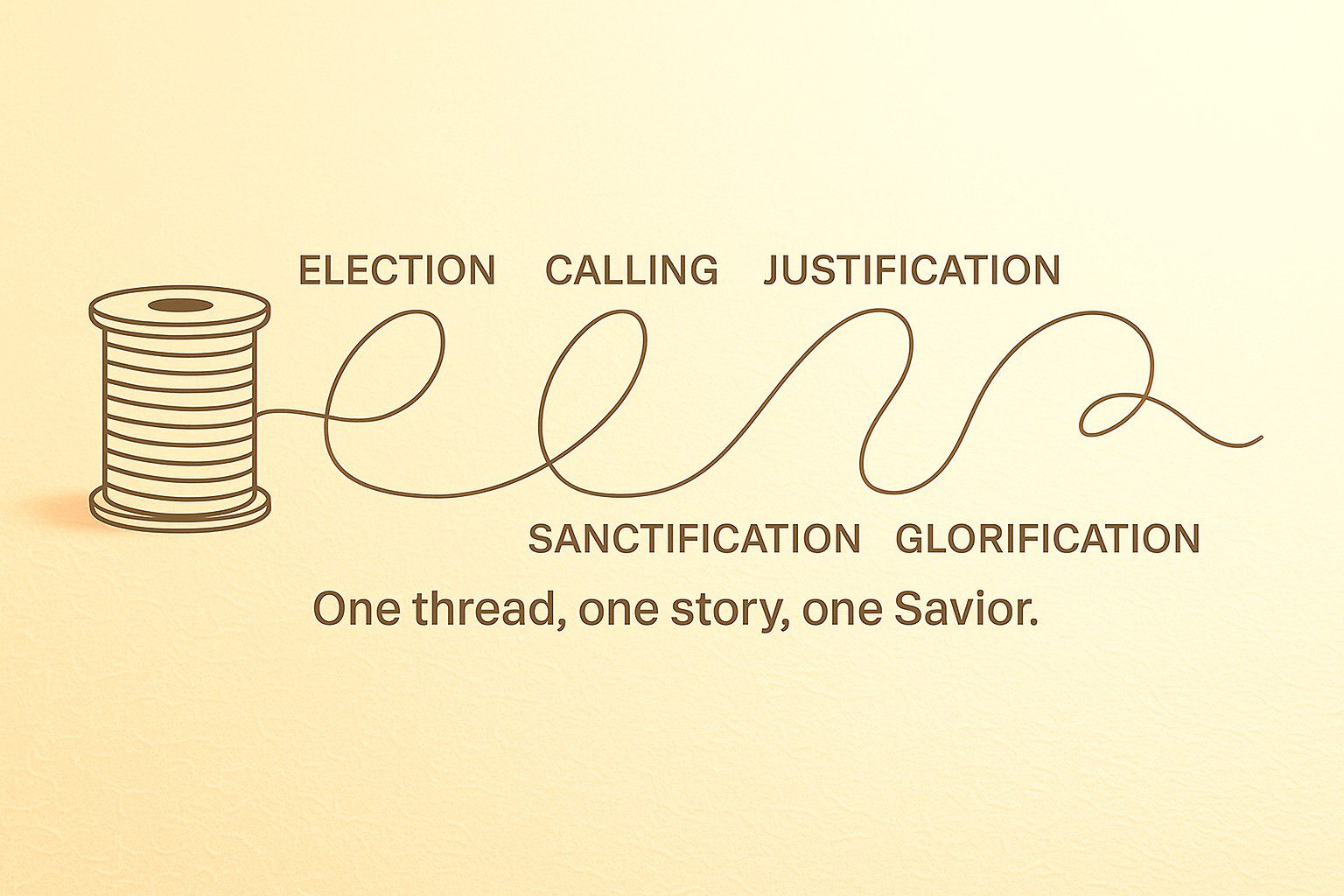 Illustration of a spool of thread unwinding into words representing salvation: Election, Calling, Justification, Sanctification, and Glorification. Text below reads, 'One thread, one story, one Savior.'